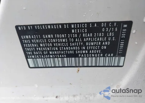 2015 Volkswagen Jetta 2.0L S z USA, uszkodzony, nr VIN 3VW2K7AJ0FM315449